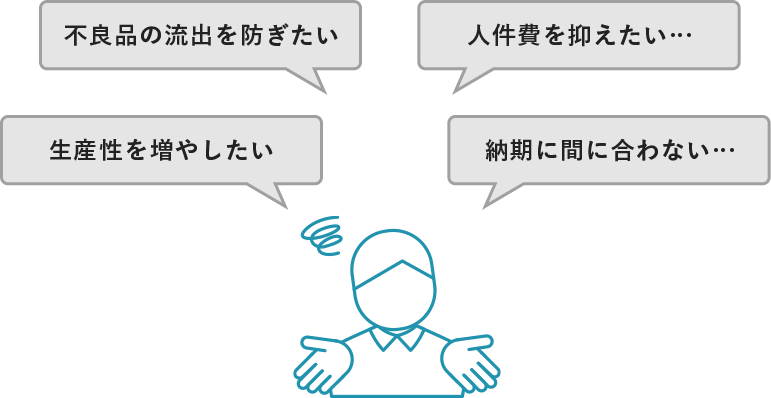 不良品の流出を防ぎたい…　人件費を抑えたい…　生産性を増やしたい…　納期に間に合わない…